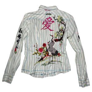Y2K Johnny Was 3J Workshop striped Embroidered Crane Asian Art Blouse Size L